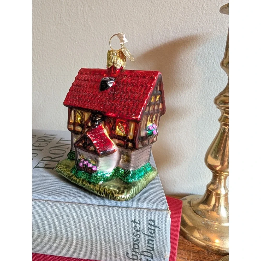 Old World Christmas Glass Ornaments Santa Claus and Tudor Cottage Set of 2